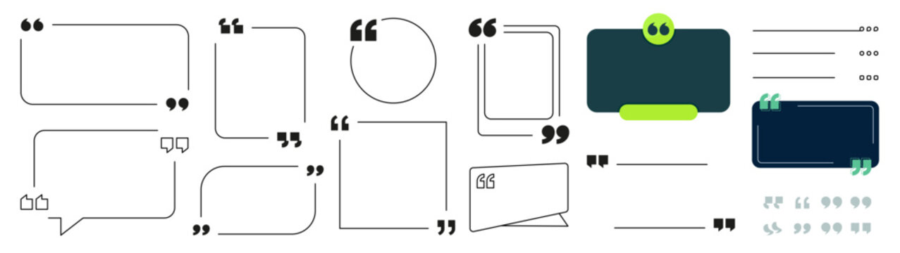 Post quote frame vector collection. Speech bubbles and quotation marks for testimonial and social media posts. Editable illustration with transparent background