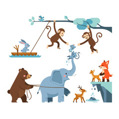 Naklejka premium Jungle Animals Playing Together: Monkeys, Elephant, Bear, Fox, Rabbits, Deer