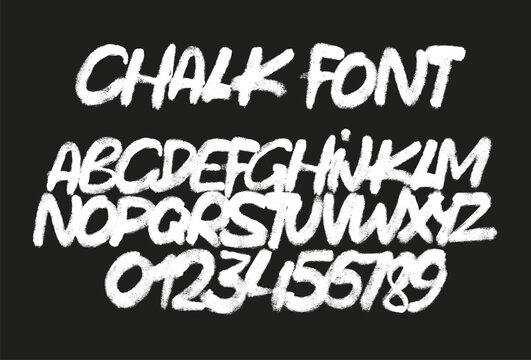 Hand drawn white chalk alphabet set on blackboard background, handwritten chalk lettering collection