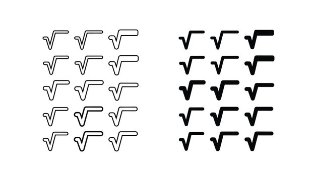 Mathematical square root symbol icon set in outline and solid black styles for educational and scientific design