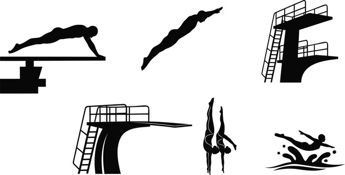 Diving sports vector silhouette illustration of divers and swimming pool equipment.