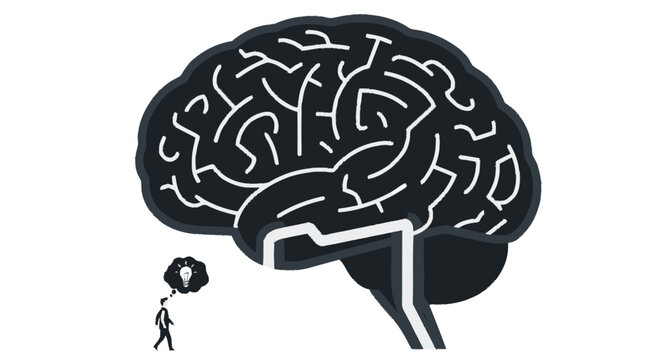 Man with idea standing next to complex brain maze illustration