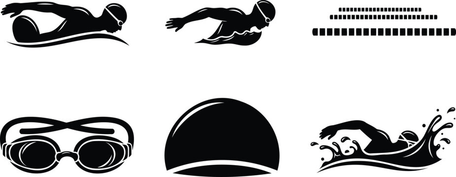 Swimming competition icons set featuring swimmer silhouette and pool goggles equipment.