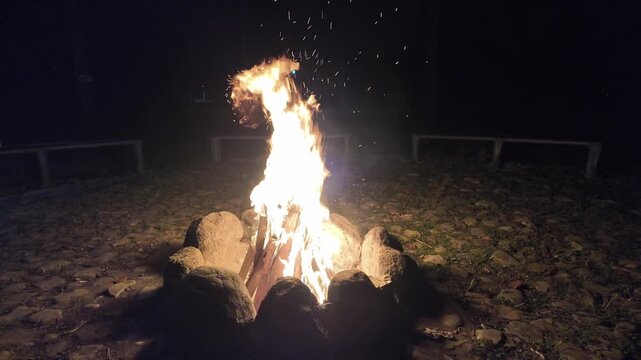 Cinematic Slow Motion: Crackling Campfire with Flying Sparks at Night with Audio
