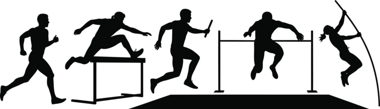Track and field athletes running, hurdling, relay, high jump, pole vault vector illustration.