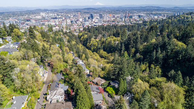 Aerial view of Northwest Imperial Terrace residential houses on a lush green hillside overlooking the Portland skyline and Mount Hood in Portland, Oregon, United States.