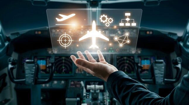 A pilot hand interacting with a futuristic holographic flight control interface displaying aircraft icons and navigation data inside a cockpit.