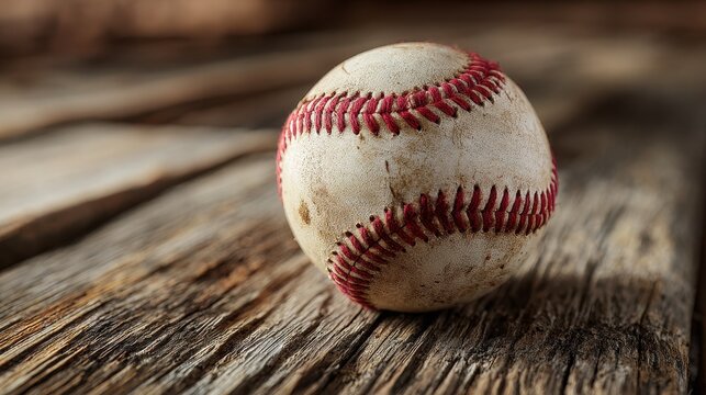 Close shot of baseball texture with crisp stitches and natural lighting