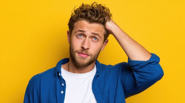 Casual portrait of a young Caucasian man in a blue shirt over a white tee, captured in an oops moment