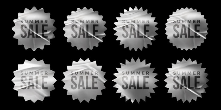 Transparent Crumpled Plastic Starburst Summer Sale Sticker - Glossy Wrinkled Texture Discount Badge Vector Design
