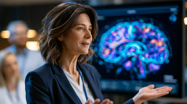 Brain plasticity researcher presents a before-and-after scan comparison of a patient in recovery, showing measurable neural regrowth, a small team of observers behind her in a dim seminar room, perf