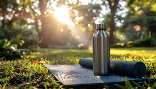 A stainless steel water bottle and a rolled yoga mat on green grass in a park during a bright golden sunrise.
