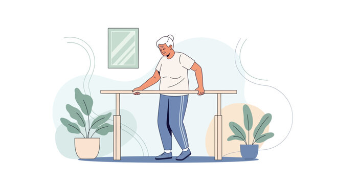 Elderly woman doing physical therapy exercises with parallel bars in a bright room