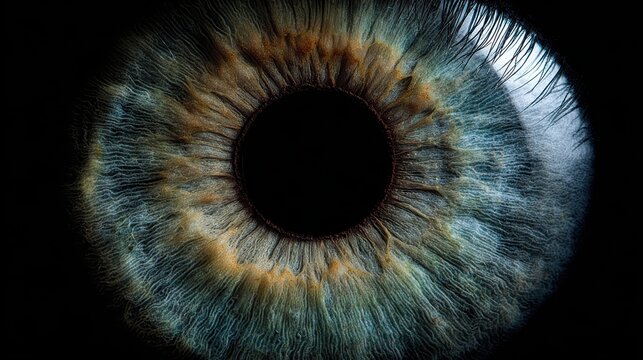Macro close-up of a vibrant iris against a deep black background