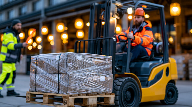 Forklift operator maneuvering loaded pallet at precise cross-dock transfer point, ground crew member guiding with orange baton under glowing overhead warehouse lights, perfect for cross-docking oper