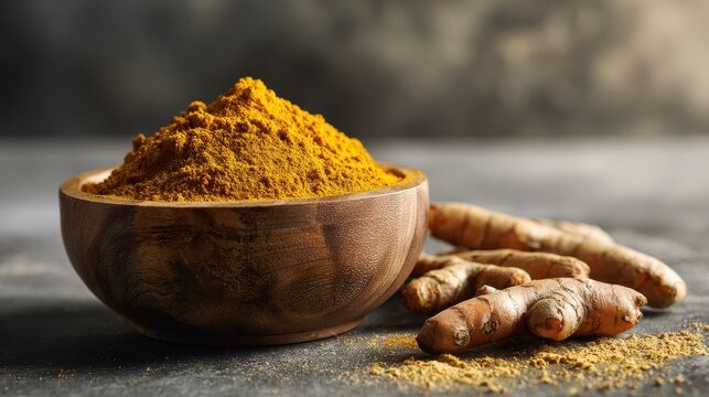 Close-up of turmeric powder in a wooden bowl and turmeric roots on a cool gray background, with a wide copy area