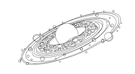 Abstract Ringed Planet with Moons and Asteroids, Space Illustration © Hujan