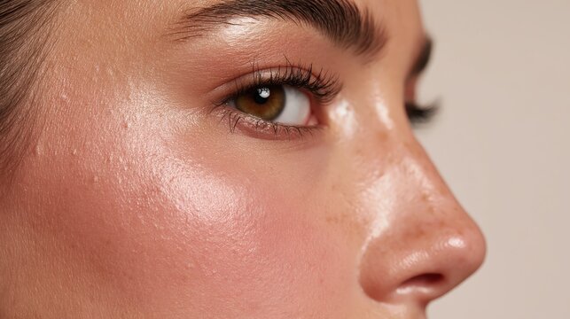 Permanent cheek blush macro close up of skin texture and soft natural blush effect on cheek and eye area
