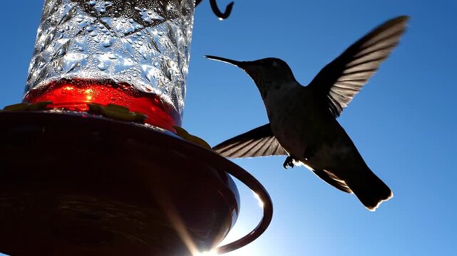 Silhouette of a hummingbird approaching a hummingbird feeder