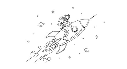 Astronaut riding a rocket ship through space, surrounded by stars and planets, line art style. © Hujan