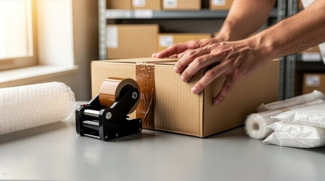 Hands sealing a cardboard box with tape, preparing it for shipping and delivery
