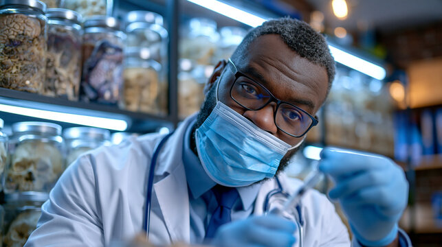 Neuropharmacologist carefully loads a syringe in a procedure lab, shelves of brain tissue samples visible behind them in preservation jars, overhead lighting clinical and sharp, perfect for addictio
