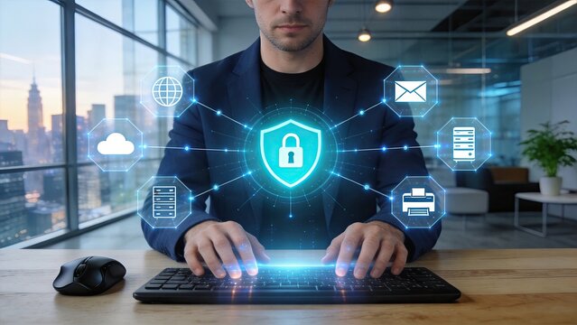 Businessman typing on keyboard with holographic cybersecurity icons data protection cloud computing network security privacy shield office technology digital transformation