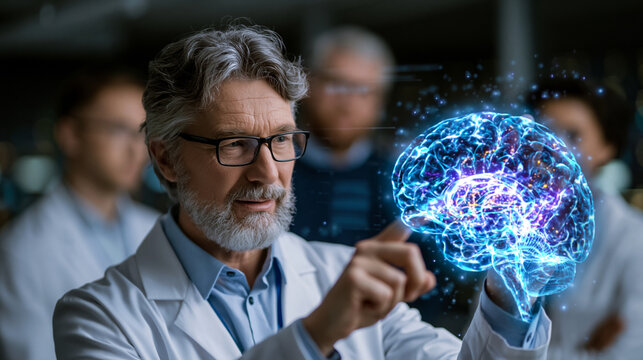 Neuroscientist points to a glowing 3D brain scan projection showing reward pathway highlights, colleagues observe in a darkened research room, perfect for addiction neuroscience, brain science, and 