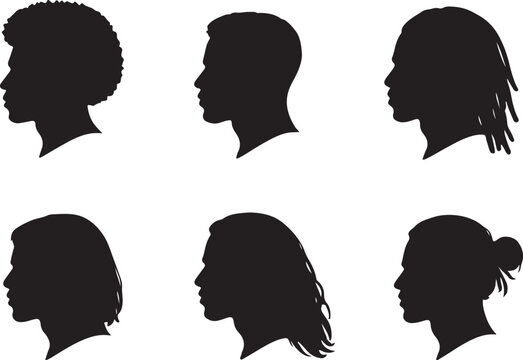 Set of six male side profiles with diverse hairstyles, vector silhouette illustration.