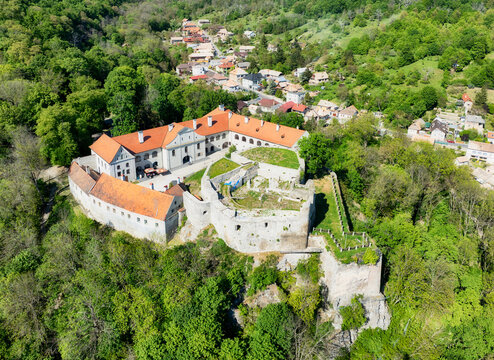 Aerial view of the ancient Modry Kamen castle, vibrant green foliage, Modry Kamen, Banska Bystrica Region, Slovakia.Banska Bystrica Region, Slovakia.