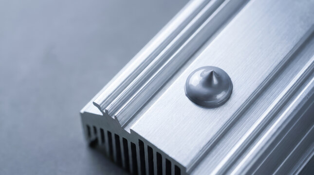 battery design and production, Thermal paste on aluminum heat sink for electronic cooling, close up detail of silver metal surface and gray compound