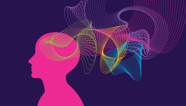 Abstract illustration of a human head silhouette with colorful flowing lines representing neural activity, thoughts, and data streams. Concept of artificial intelligence, creativity, brain processes,