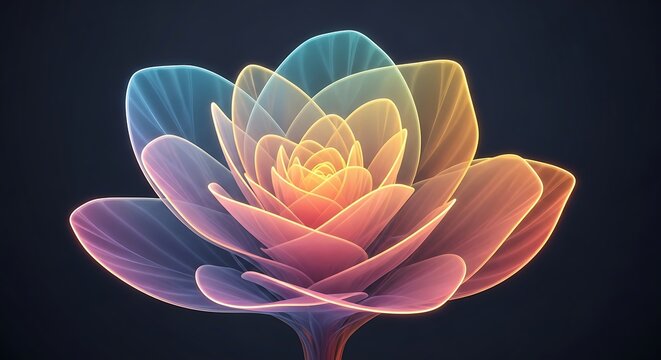 Glowing Abstract Flower with Neon Gradient Petals on Dark Background Futuristic Floral Digital Art