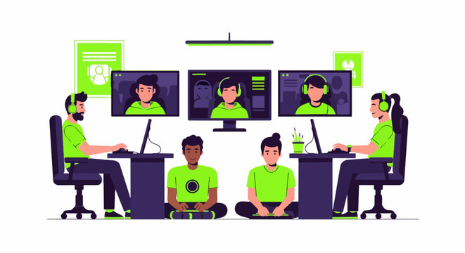 Esports Team Gaming in Professional Room Flat Vector Illustration. Gamers with Headsets Playing Online Multiplayer Games in Cyber Sport Studio.