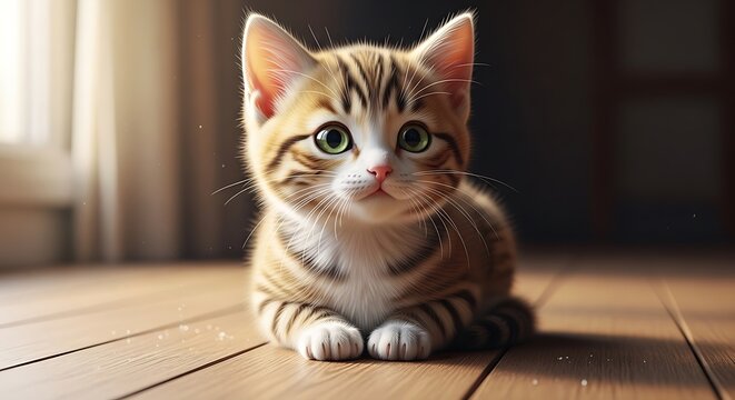 Adorable Little Kitten with Big Eyes Sitting on Wooden Floor in Warm Soft Light