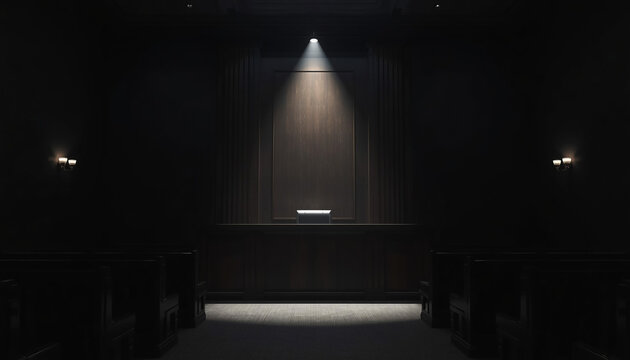 Dark courtroom with spotlight on judges bench