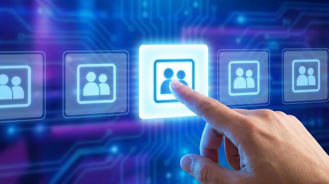 Finger touching a glowing user profile icon on a digital interface with touching