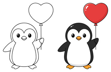 Penguin characters feature a cute standing arctic bird holding a red heart balloon for this coloring page © Crafter
