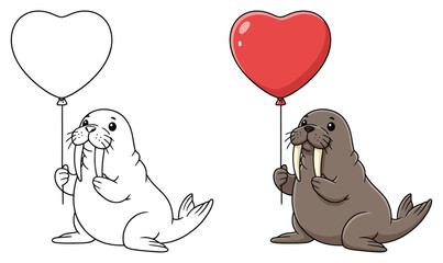 Walrus character features a cute arctic marine mammal with tusks holding a heart balloon for a coloring page © Crafter