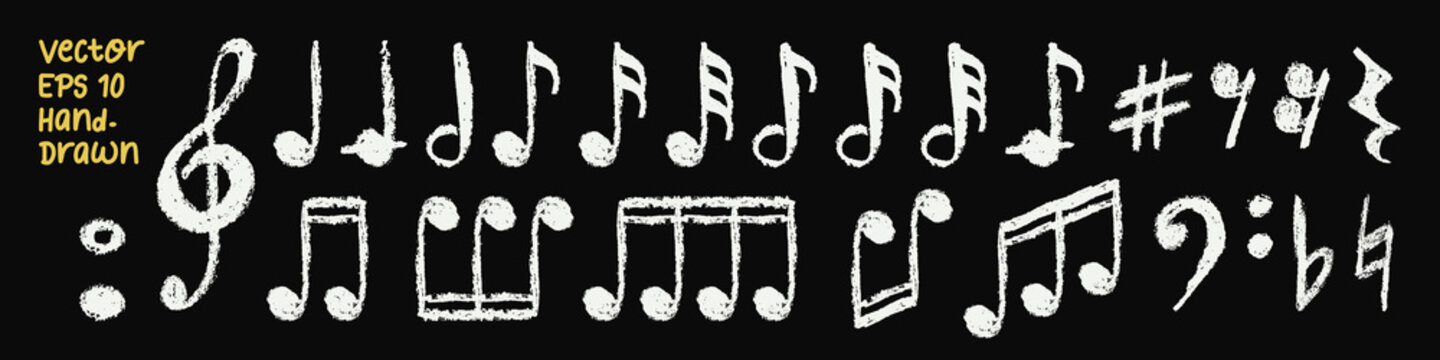 Hand drawn music notes set. Vector illustration isolated on black background. Grunge chalk texture. Rough charcoal textured sketchy doodles for cover design, music festival, grunge poster, web banner