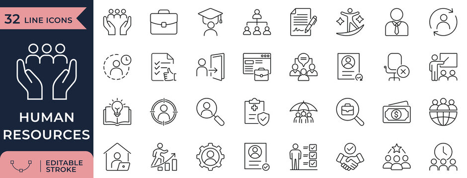 Human Resources, Recruitment, and Workforce Management Line Icons