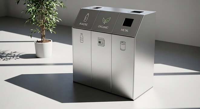 Modern Recycling Bin for Waste Sorting with Plastic Organic and Metal Sections in Clean Minimal Environment
