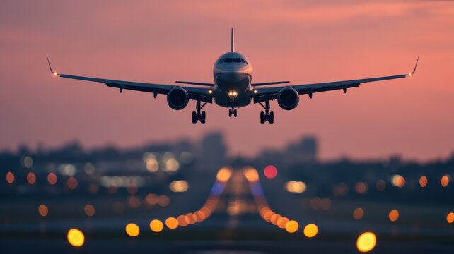 Airplane landing on a runway at sunset with city skyline in the background