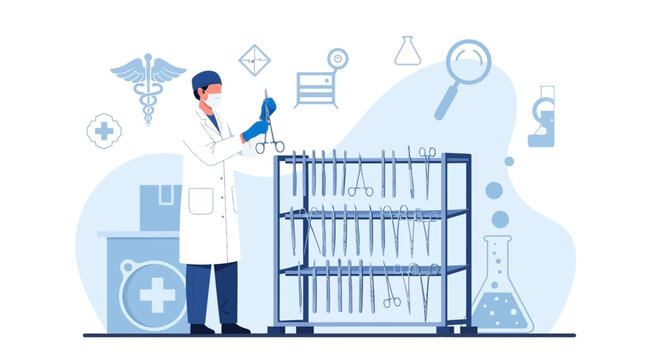 Medical Professional Arranging Surgical Instruments on Sterilization Rack in Laboratory