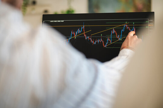 A person in a white shirt points at a financial chart on a computer screen, analyzing market trends and data.