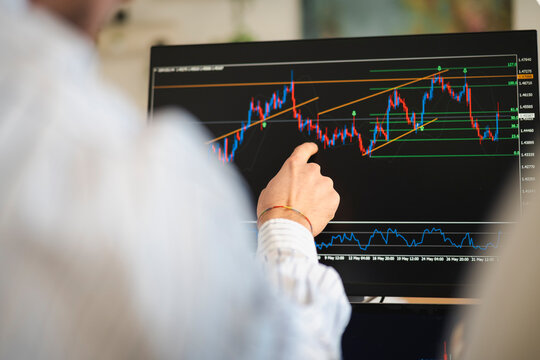 A person in a white shirt points at a financial chart on a computer screen, analyzing market trends and data.