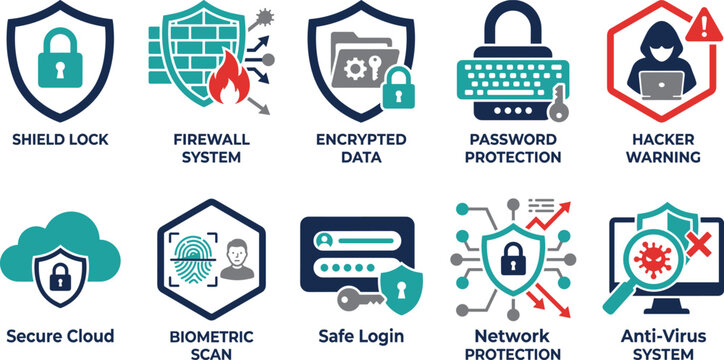 Cybersecurity and digital data protection icon set featuring shield locks, firewall systems, and encrypted file folders for professional network security presentations.