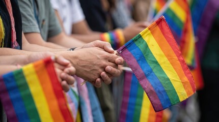 Fototapeta premium Hands of diverse people holding rainbow flags at a pride event. The scene captures unity and celebration of LGBTQ+ rights.