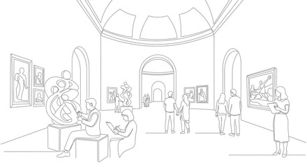 Obraz premium Art museum interior sketch with sculptures, paintings, and visitors admiring art.