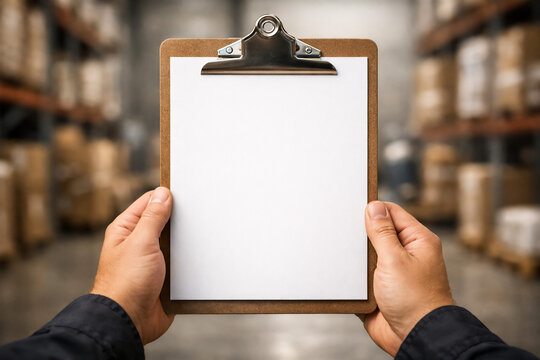 Person holding blank clipboard in warehouse storage facility